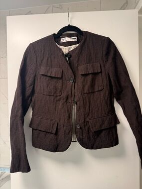 Zara Dark Brown Collarless Tailored Jacket